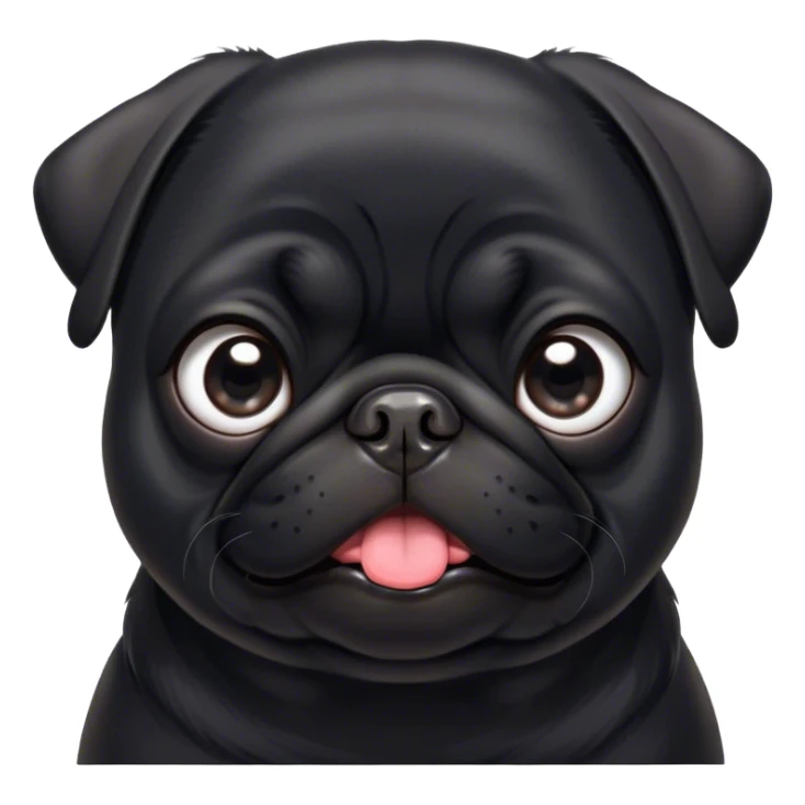 Cinematic Comical Black Pug Portrait Emoji, Head tilted dramatically with an exaggeratedly amused expression, featuring a sleek black coat with a glossy finish, wide, expressive dark eyes filled with playful disbelief, Simplified yet hilariously expressive features, highly detailed, glowing with a slightly sassy glow, high shine, dramatic yet playful, stylized with an air of cheeky mischief, bright and endearing, soft glowing outline, capturing the essence of a spirited and over-the-top companion, so meme-worthy it feels like it could side-eye its way into internet fame instantly! sticker