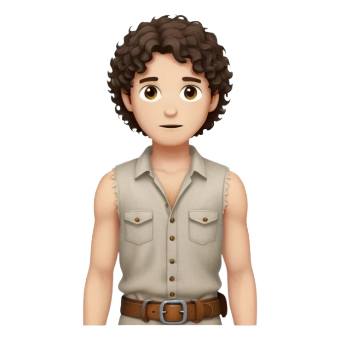 medieval summer outfit worn by a DnD themed fantasy male character. basic sleeveless linen shirt with a frayed hem and a leather belt. clothes only above the waist. The clothes full waist. The character's haven't arms. character is white-skinned, dark brown hair, hazel eyes, shoulder-length curly hair. sticker
