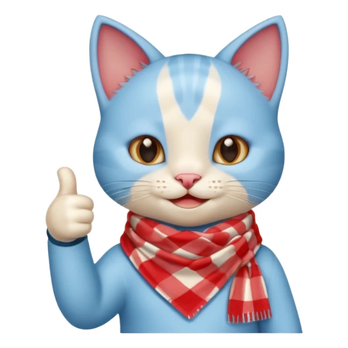 A Baby Blue Cat smiling and giving thumbs up, wearing red Checkered Triangle scarf sticker