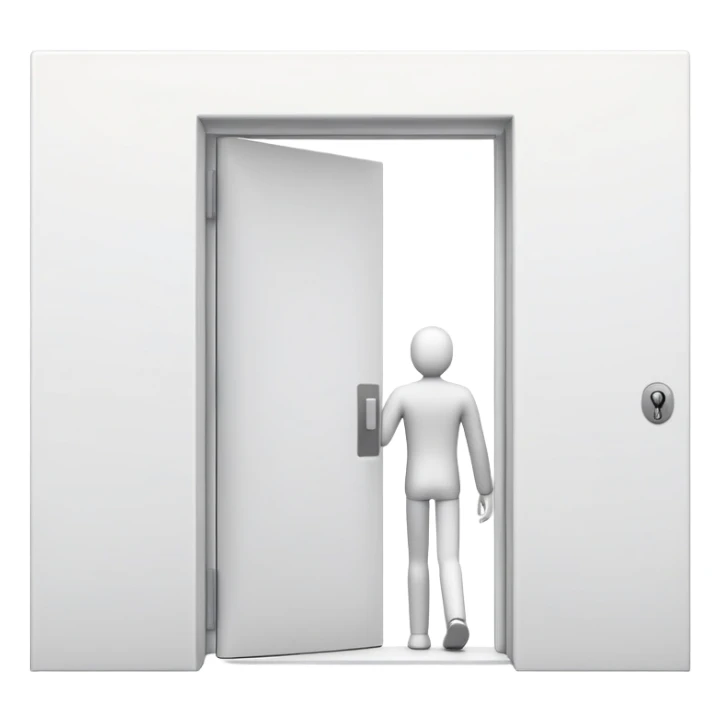 minimalistic icon of a white human figure walking through an open outlined door, viewed from the front, door with visible doorknob, solid green background, flat simple clean lines, high contrast sticker