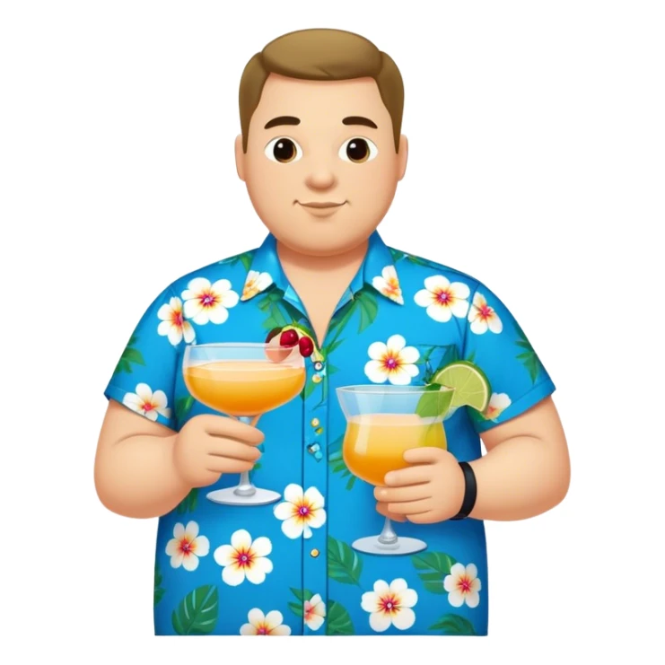 chubby guy full figure in a flowered azure havai shirt holding a cocktail sticker