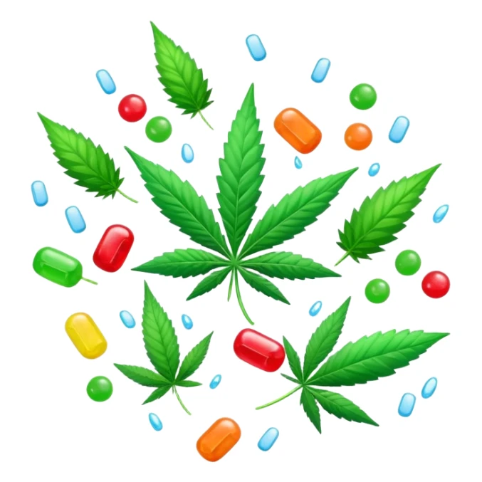 candy rain with cannabis leaf, colorful candies falling with marijuana leaf sticker