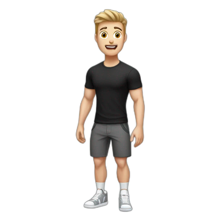amazed Open with surprise mouth Pale skinned Fit Man With the biceps and dark brown hair in black shirt, gray sports shorts and white Sneakers sticker