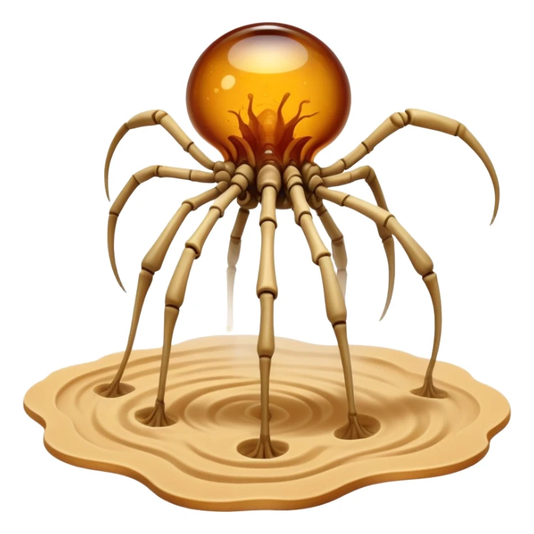 A quadrupedal being with a body of compressed amber sand that solidifies into glass-like plates at its joints, featuring hollow chambers within its torso where small dust devils perpetually swirl.

 sticker