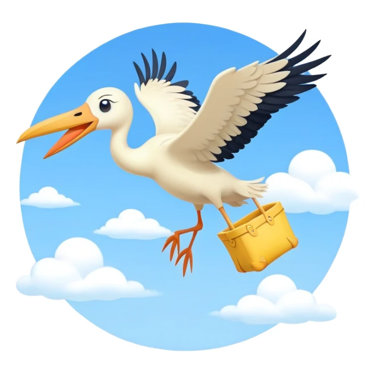stork flying with a baby in a yellow bundle sticker