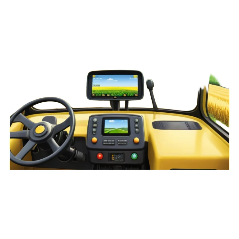 a view from the tractor cabin, with the dashboard in focus, overlooking a vibrant rural landscape. Inspired by Farming Simulator 22, the scene includes fields, crops, and distant barns under a bright sky. The design highlights the immersive experience of farm management. transparent background sticker