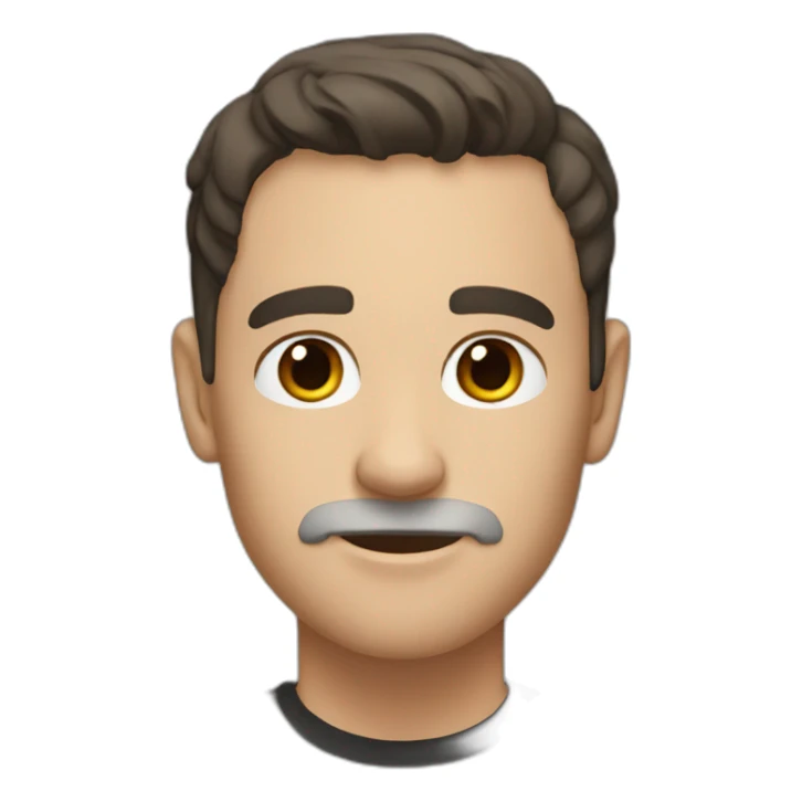 a shaved white man with messy mid-long dark brown hair, with a black t-shirt sticker