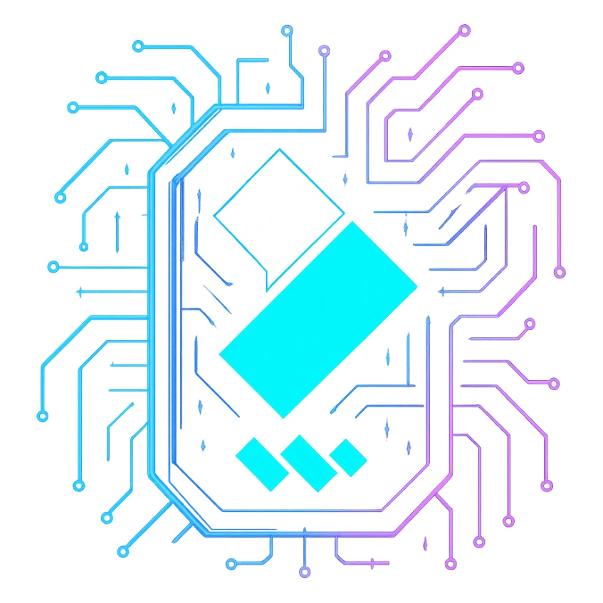 Transform the Wondershare Filmora logo into a cyberpunk style with the main shapes (teal, white, and dark blue) fully filled in and bold—no transparency or empty space inside the logo. Overlay or surround the solid shapes with a strong neon blue and pink glow and circuit patterns, but keep the core logo vibrant, solid, and fully colored in. Only the area outside the logo should be transparent. The icon should look alive, with a strong neon glow and cyberpunk circuit effects, matching the rest of the set. Avoid 3D shading and keep the style flat and futuristic. sticker