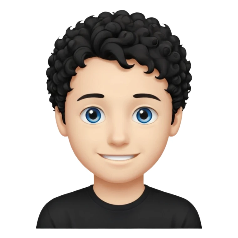 boy, young face like 20 years, blue eyes, medium curly hair black, easy smile, black t-shirt, purple background. sticker