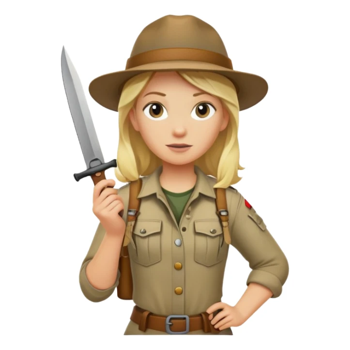 Blonde female wilderness explorer Melissa Backwoods holding a survival knife sticker