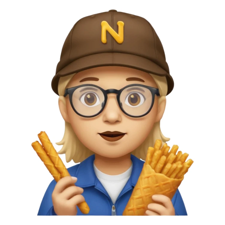 num num eatting hashbrown sticks with a cap and glasses sticker