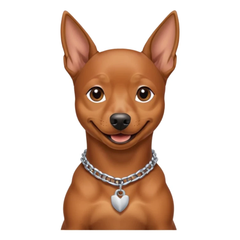 a pinscher dog sitting and smiling with a silver chain in the neck sticker
