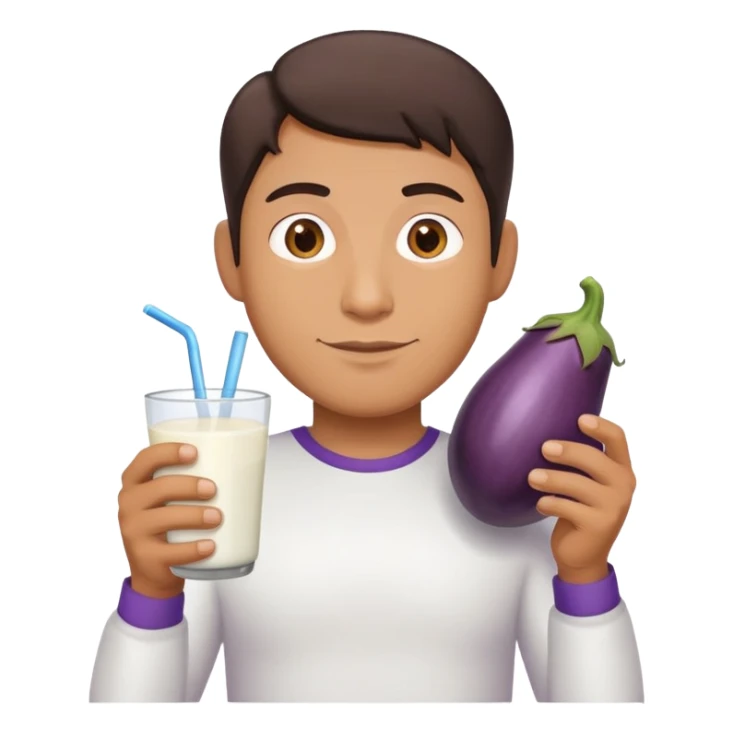 guy holding cup full of milk with two eggplants sticker