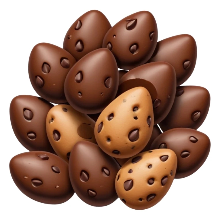 handful of chocolate chips, semi-sweet, irregular arrangement, teardrop shape, glossy surface, dark brown, rounded point, 3D-rendered, minimal, no faces sticker