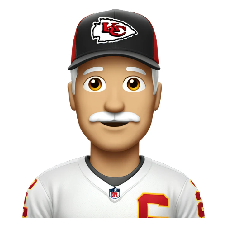 Blonde older man with mustache and Kansas City chiefs cap sticker