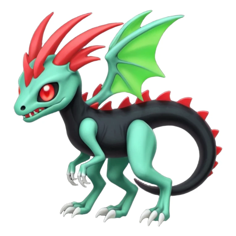 Obsidian-black and neon-glowing-green skeletal Meloetta-Salandit-Gorebyss-Salazzle-Pokémon-Fakémon-creature-fusion-hybrid with glowing crimson-red evil slit eyes sticker