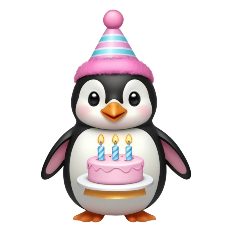 cute penguin  hold a birthday cake in both arms with pink birthday hat sticker