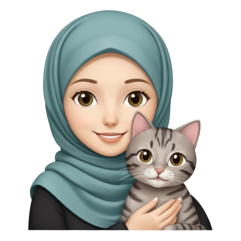White girl wearing pretty hijab holding a black grey tabby cat while smiling sticker