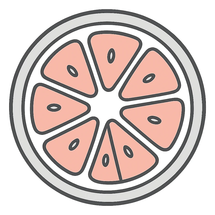 Flat icon of a pink grapefruit slice, top-down view, using a vibrant palette of orange, white, and pink, minimal and clean design, no background. sticker