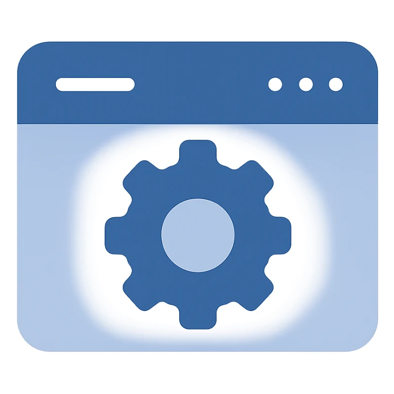 Refine the settings-in-browser icon by removing any black or dark background around the gear. Show only a simple blue browser window with a blue gear in the center, using almost exclusively blue shades. The style is flat modern with clean and simple lines, prioritizing clarity and minimal use of other colors. The background is fully transparent. sticker