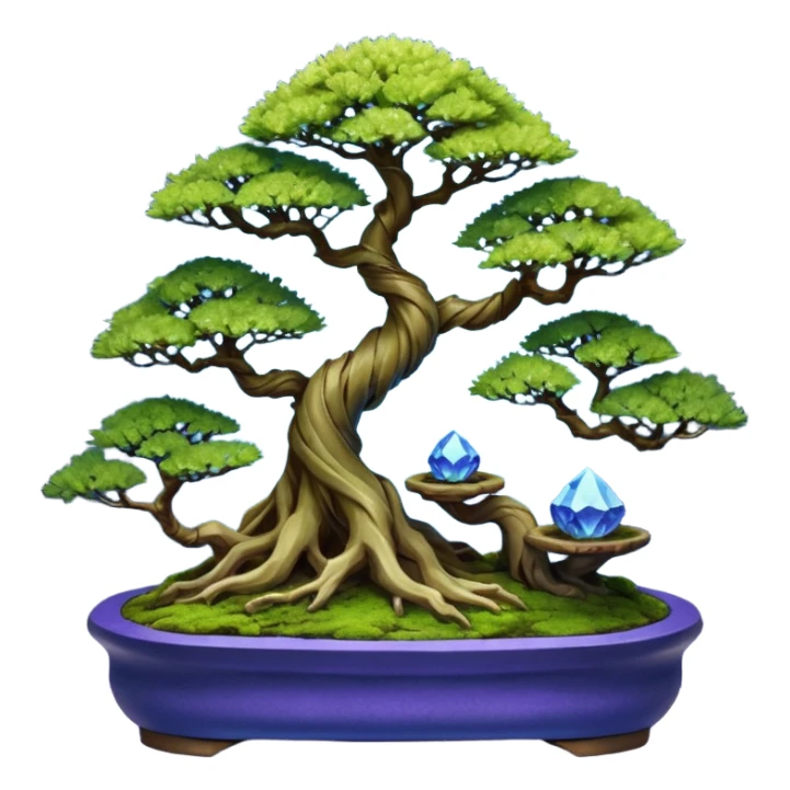 Futuristic wild glowing space alien moss maples shohin Bonsai hair-pine-leaf group multi faceted intricate crystalline inspired boxwood purple blue informal rocky cliffhanger eight trees forest planting in shallow willow slab style pot with big animal-like feet  sticker