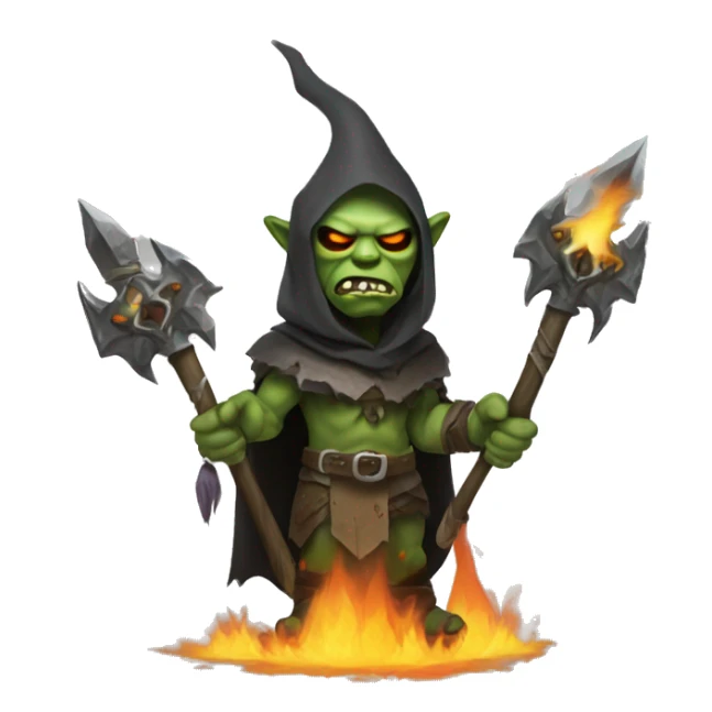 Orc weapon spirit with ghostly weapons, cloak with burning eyes, Halloween theme, emoji sticker