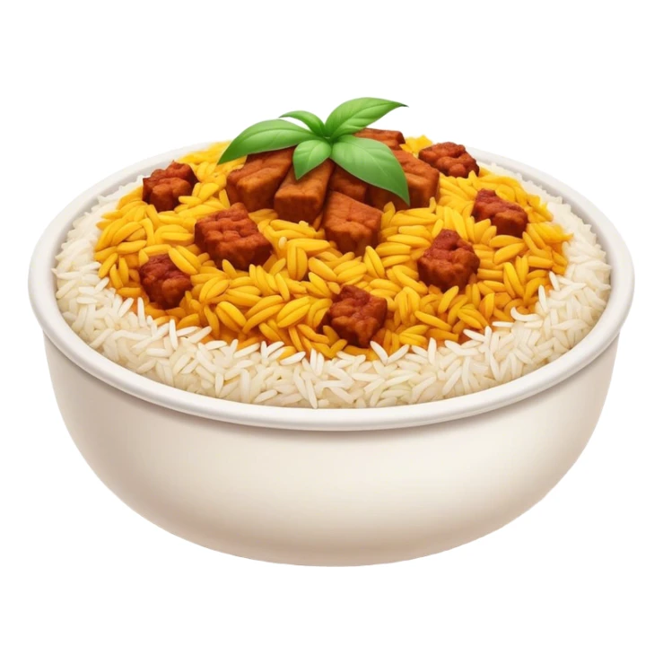 Cinematic Realistic Biryani Dish Emoji, depicted as aromatic basmati rice layered with spiced meat and herbs rendered with vibrant textures and warm, inviting lighting. sticker