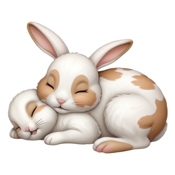 Meme-Worthy Cute Sleeping White and Brown Rabbit Portrait Emoji, Head resting peacefully with a contented smile, showcasing a delightfully balanced build and a luxuriously soft patterned fur of white and brown, eyes shut in a serene nap, Simplified yet hilariously adorable features, highly detailed, glowing with a soft, drowsy light, high shine, relaxed and utterly lovable, stylized with an air of playful laziness, bright and heartwarming, soft glowing outline, capturing the essence of a comically sleepy bunny, so meme-worthy it feels like it could instantly become the next viral sensation of adorable slumber! sticker