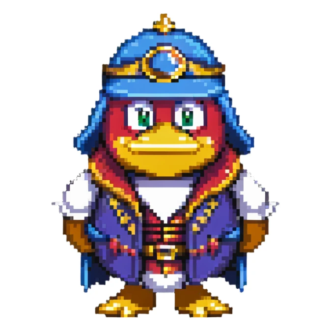 King Dedede from Kirby in detective attire, pixel art style sticker