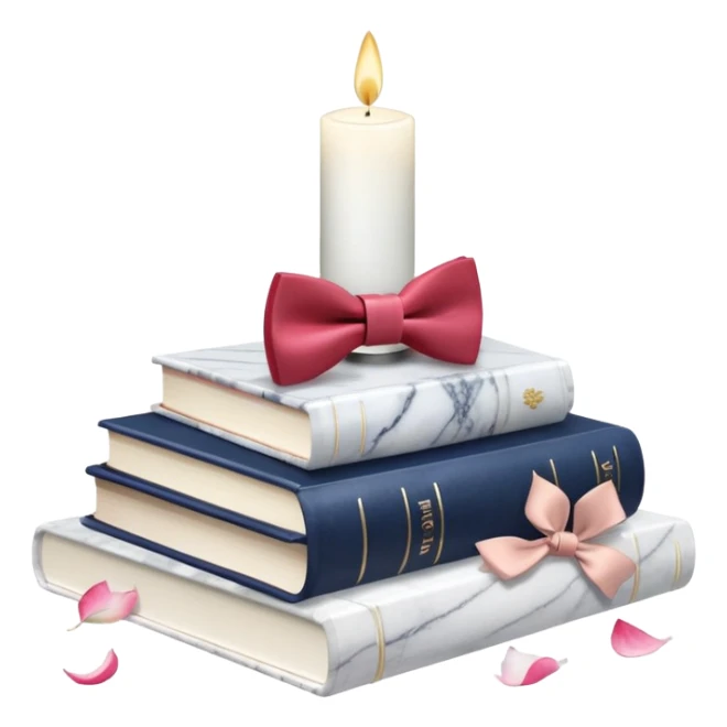 Aesthetic candles, flower petals, bow tie, books, marble stand sticker