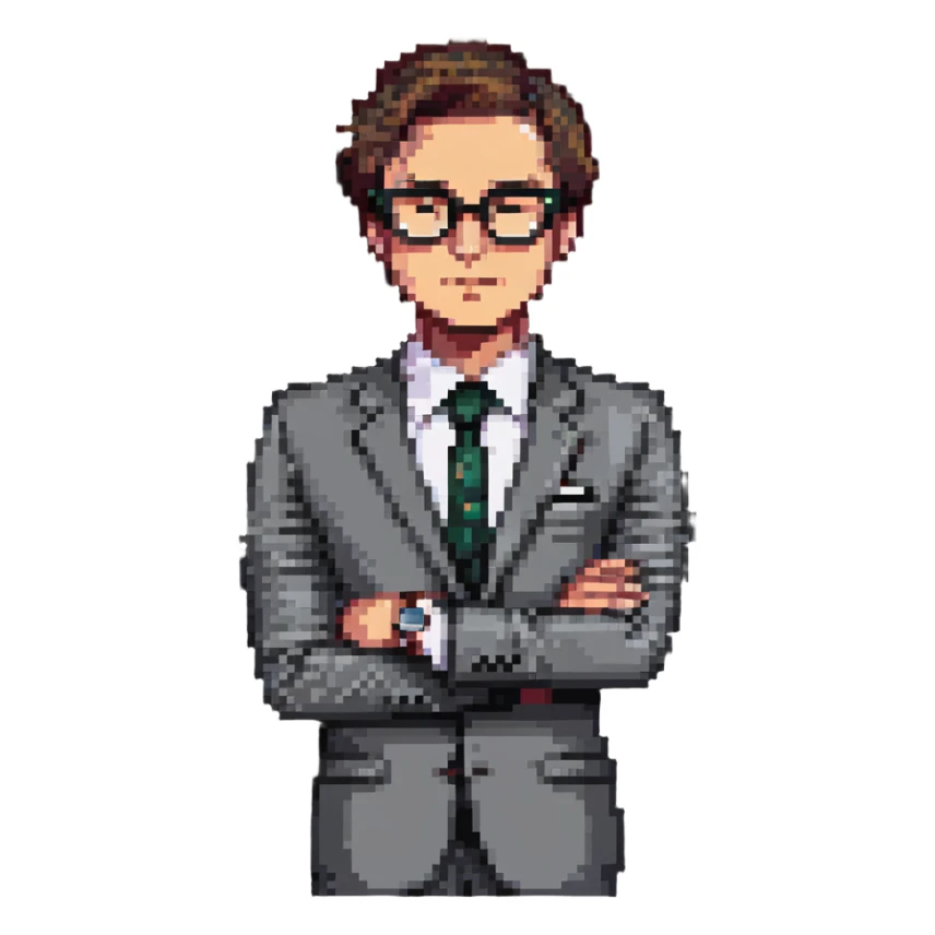 front-facing pixel art businessman, waist up, sharp suit, hand under chin, gazing slightly to the side, wearing stylish glasses, luxury watch visible, expression of curiosity or contemplation, clean background sticker