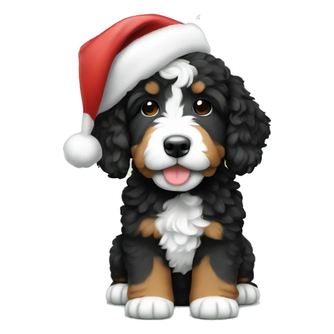 A bernedoodle puppy with a Christmas hat sticker