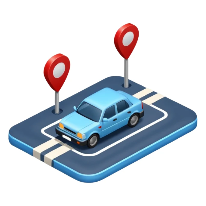 
A 3D minimal icon showing a street route to a destination with a single vehicle, a blue road, and small red accents for alerts. The style is clean, minimal 3D, with a transparent background. sticker