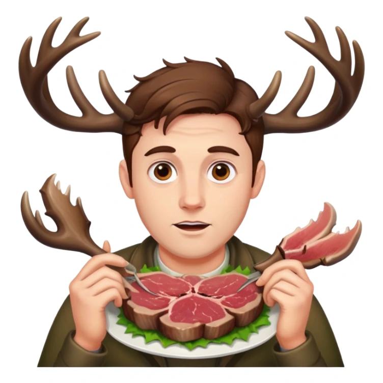 Guy with deer antlers eats meat, brown hair sticker