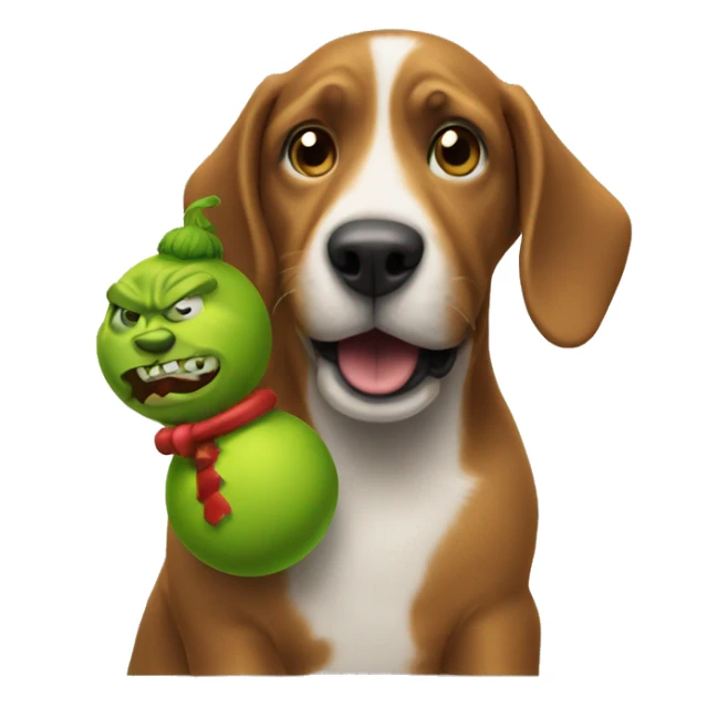 A dog with a toy shooting at a grinch sticker