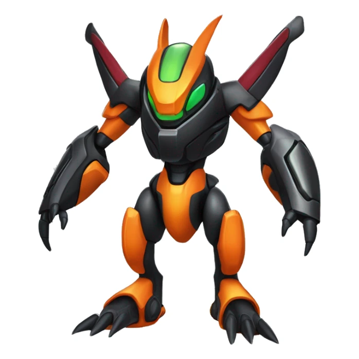a shiny metallic black-orange Genesect-Flygon-Raptor-Fakémon-Medabot-hybrid with a futuristic visor-helmet full body sticker