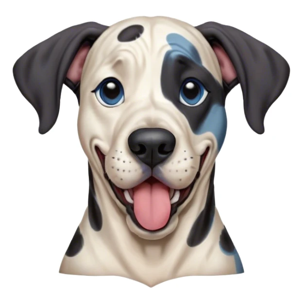 Cinematic Cute Yawning Harlequin Great Dane Portrait Emoji, Head tilted slightly with a dramatic, wide-open yawn, showcasing a smooth coat of predominantly white with bold black patches, floppy ears slightly drooping, round blue eyes barely open in drowsy contentment, Simplified yet irresistibly adorable features, highly detailed, glowing with a soft, cozy glow, high shine, relaxed yet expressive, stylized with a touch of whimsy, bright and endearing, soft glowing outline, capturing the essence of a sleepy yet affectionate guardian, so drowsy it feels like it could stretch out of the screen and curl up for a nap! sticker