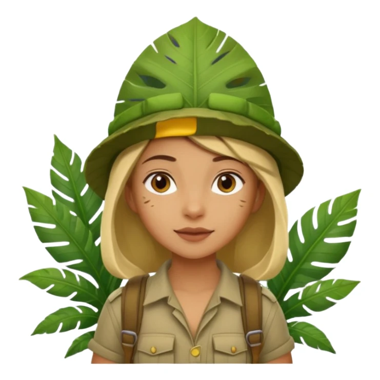 a young female explorer with jungle wearing a large leaf headgear bye  sticker