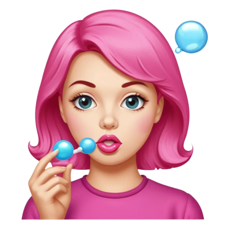 Illustration, flatlay, popart vintage style female, blowing bubble gum sticker