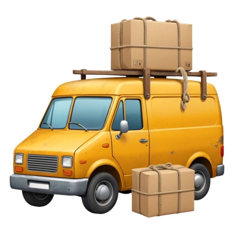 create a realistic emoji of packages wich got stabalised by ropes in a logistic van sticker