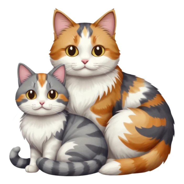 full body colourful light patched calico + white tabby cat cuddling a large grey and white cat  sticker
