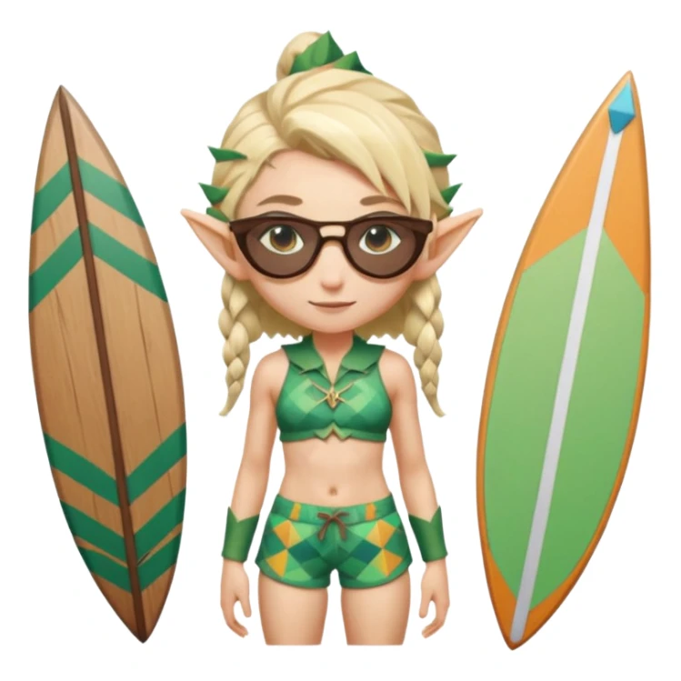 elf female legolas portrait, patterned board shorts (geometric/abstract), unique wooden-framed sunglasses, undercut hairstyle, slight smirk, visible pointy ears, no background, centered emoji, hipster summer vibe coctails sticker