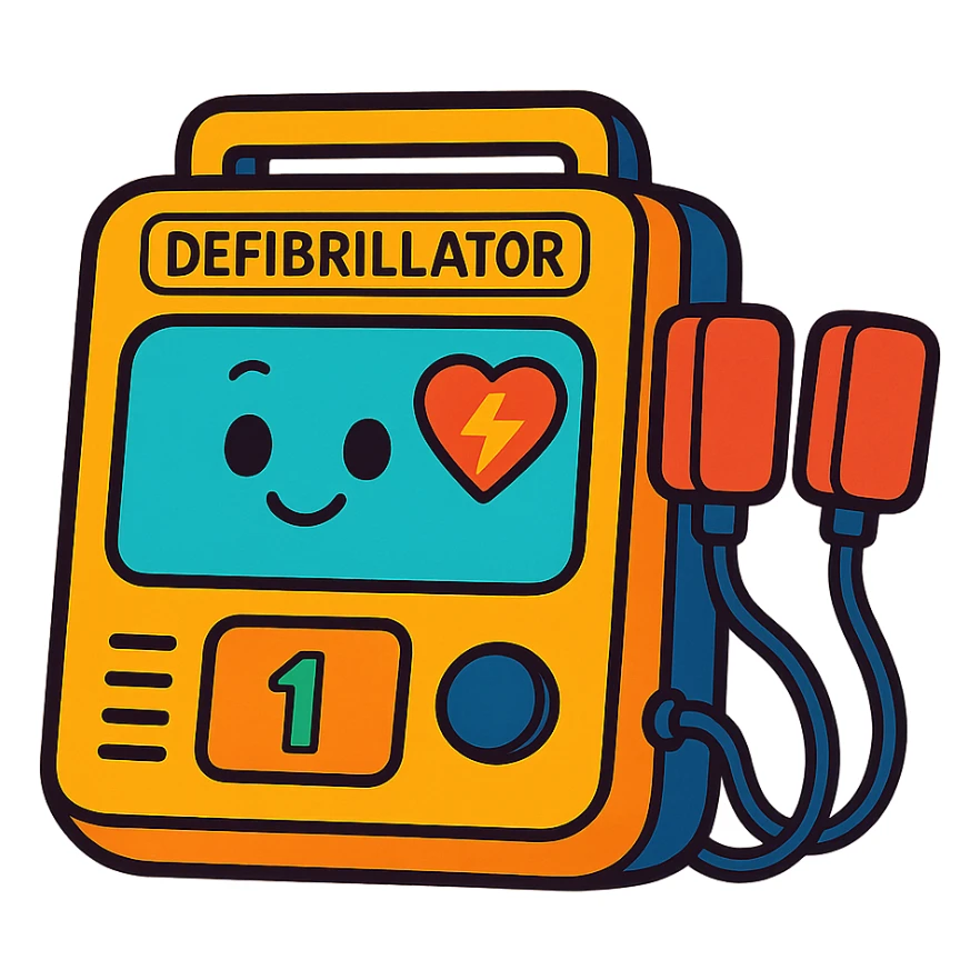 defibrillator, cartoon style, bright colors, friendly look, minimal background sticker