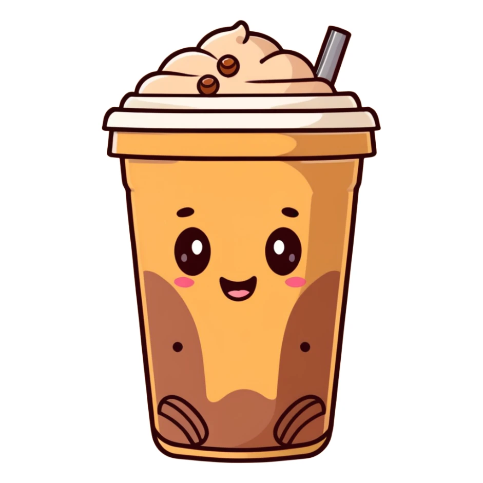 brown milk tea with a happy expression and boba pearls, soft mocha pastel tones, kawaii sticker