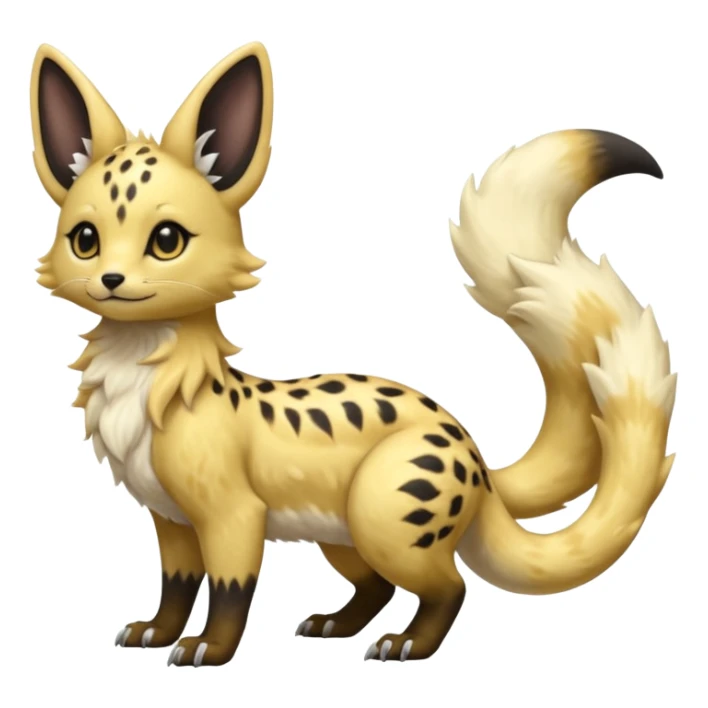 Shiny whitish golden brown fluffy furry hyper realistic lifelike beautiful pretty soft beige Goldilocks cream-colored Celestial Salandit-Umbreon-Genet-Noivern-Noibat-Serval-Hybrid (Full body) sticker