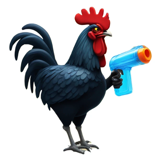 Big black rooster carrying a water gun sticker