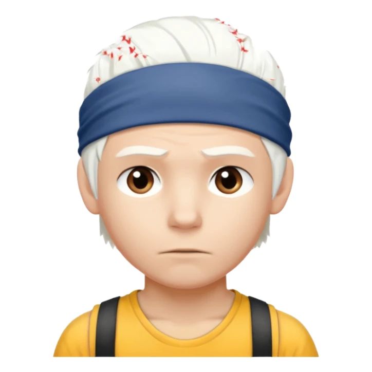 young climber boy with white hair and headband sticker
