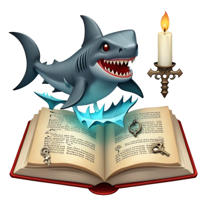 Icon for Horror & Mystery Reading: an open book with eerie glowing symbols, from which rise Dracula with fangs, flying bats, a zombie hand, and a lurking shark with sharp teeth. Surrounding elements include a flickering candle and an old key. Transparent background. sticker