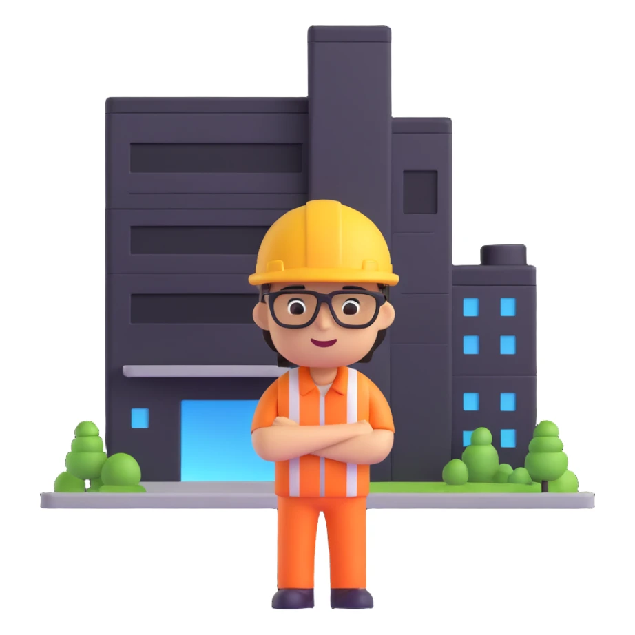 technical architect emoji, standing by a digital building model, confident expression sticker