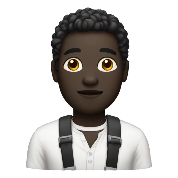 À man with a black skin and white and a shirt white sticker